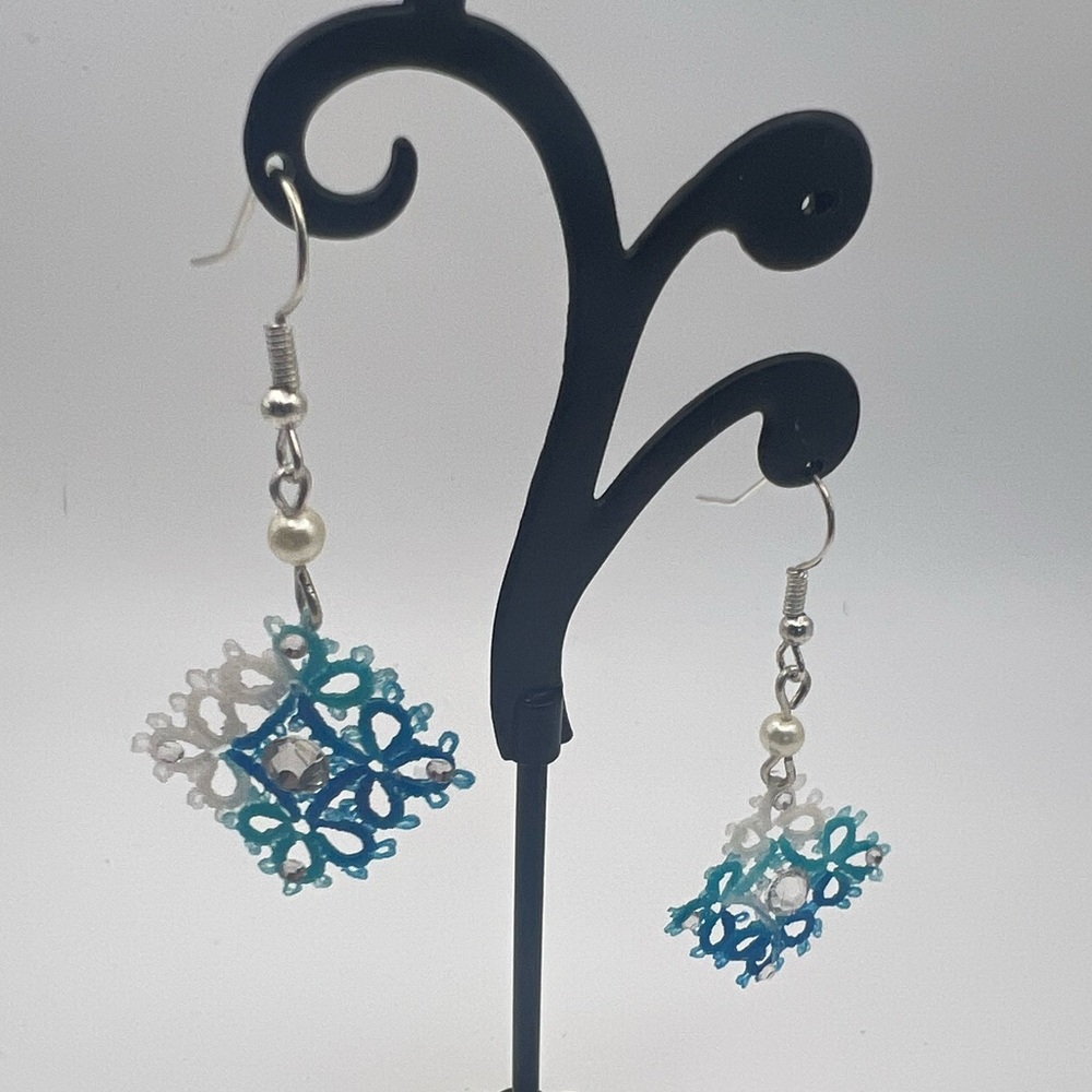 Artisan silver plated crochet yarn and crystal earrings